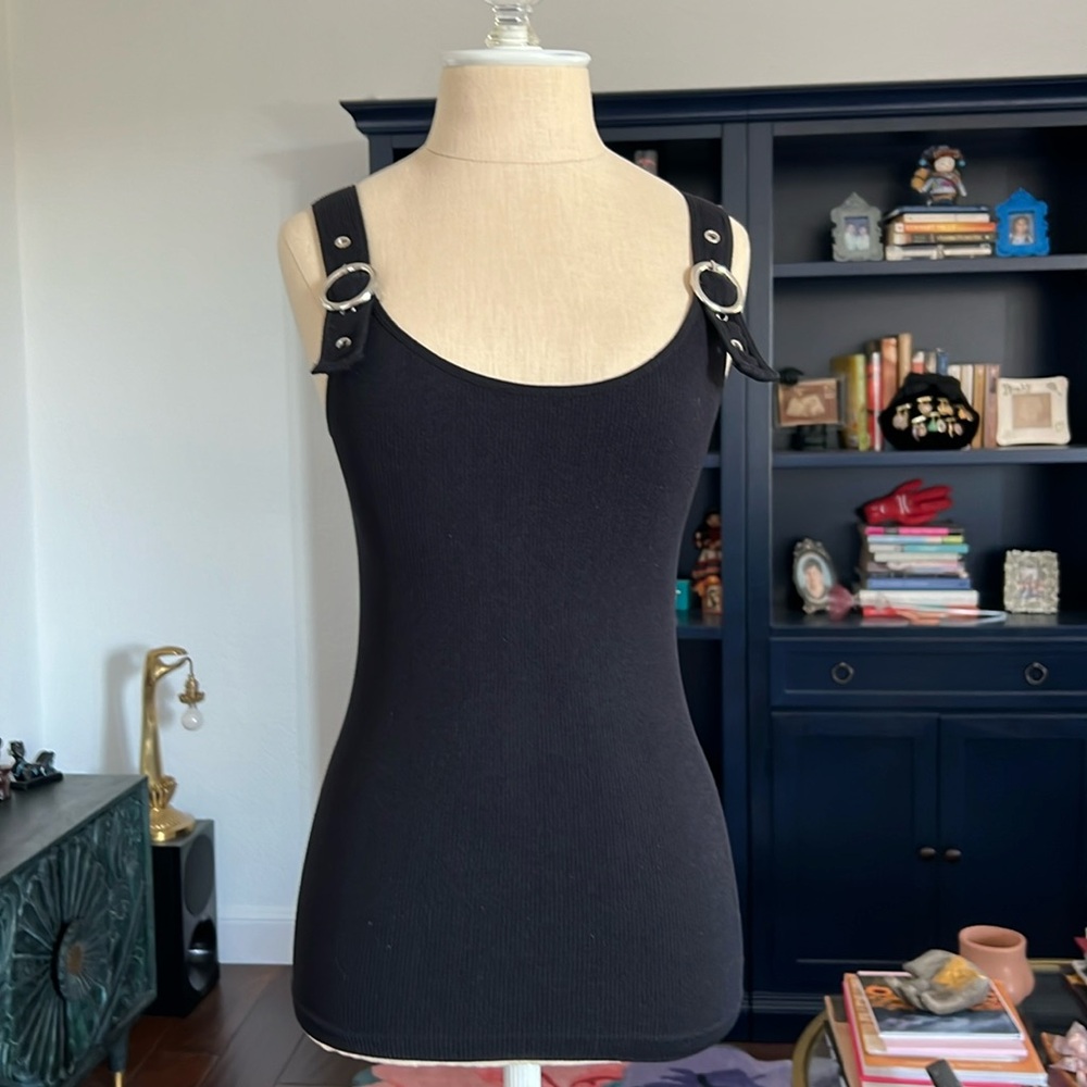 Suzette Collection Black tank top with silver buckles, size OS